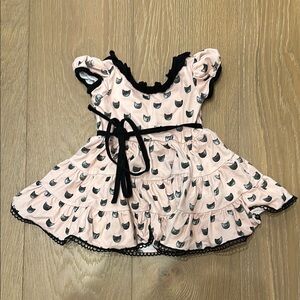 Smocked Sweets Cat Print Pink Dress with Black Trim